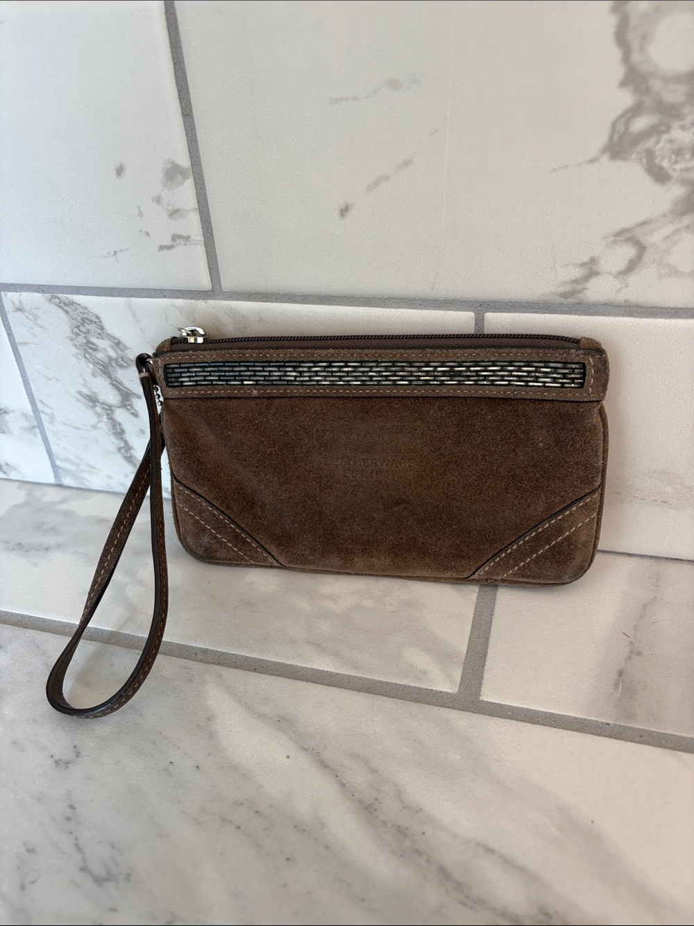 Coach Brown Suede Wristlet Pouch with Beaded Metallic Trim